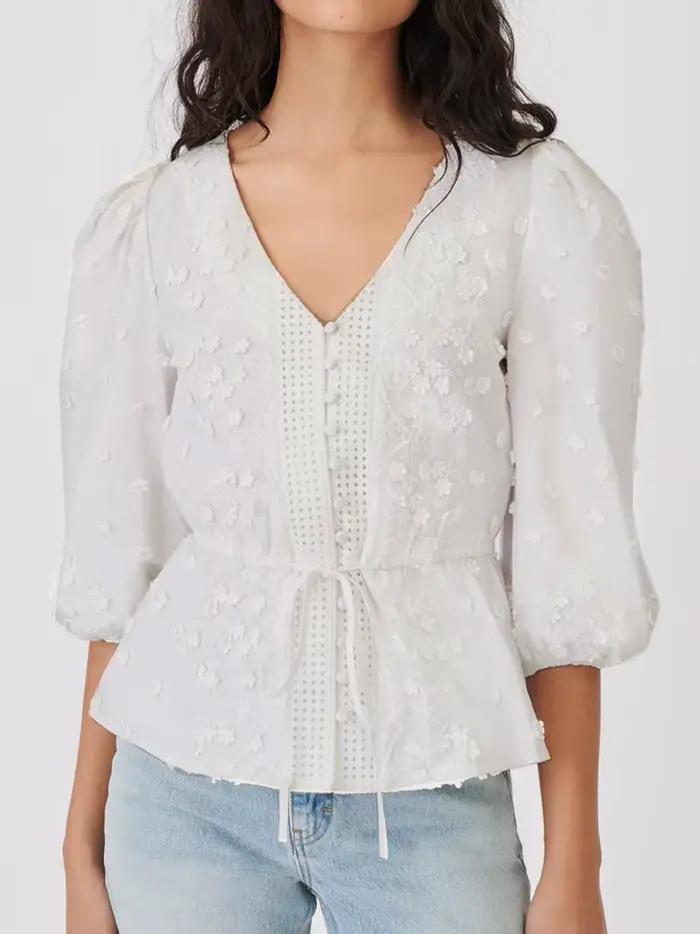 Pouvez-vous psyLady-Chemisier chic à manches bouffantes pour femme, élégant, blanc, avec broderie fl