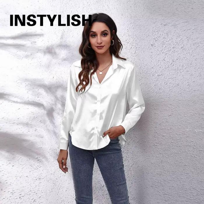 Chemise en satin élégante pour femmes, chemisier décontracté à manches longues en fausse soie, haut 