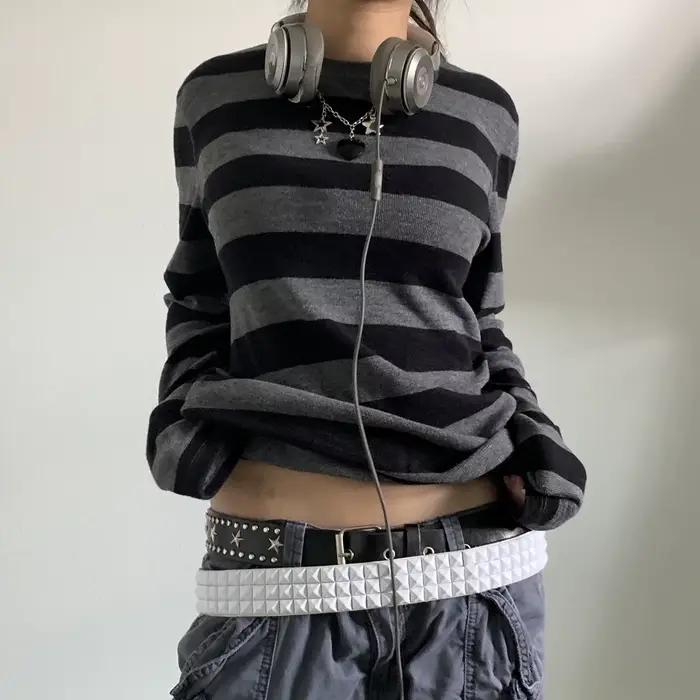 Chemise basique en tricot grunge nickel é pour femme, gris, noir, rayé, manches longues, col rond, t
