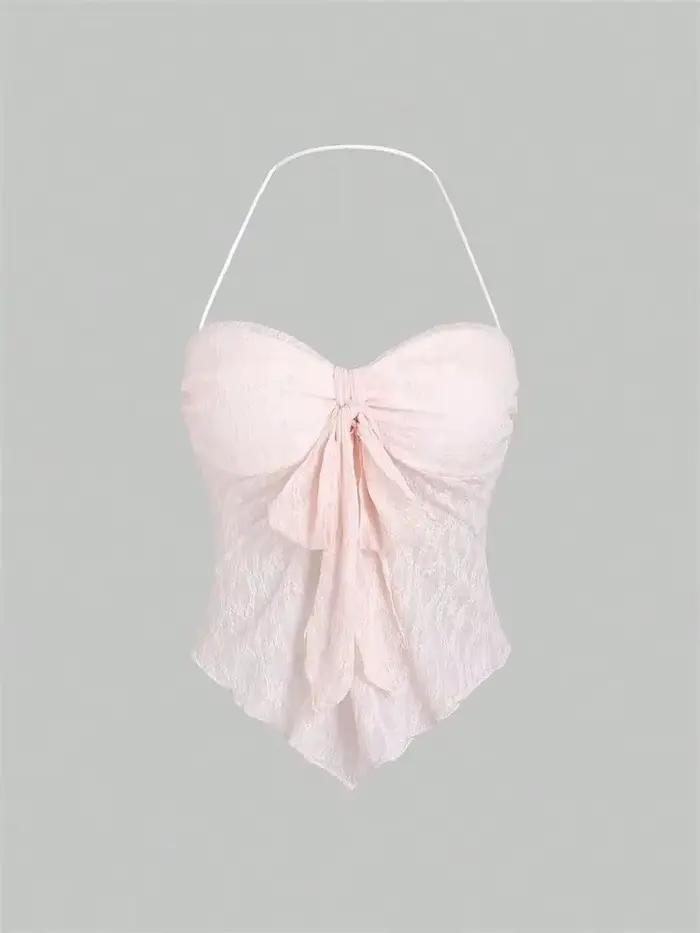 Haut à col licou en dentelle avec nœud papillon pour femmes, Sexy, motif Floral, épaules dénudées, d