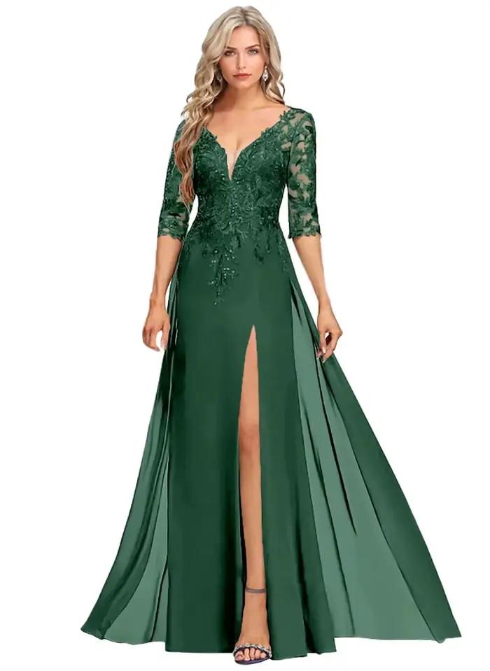 Robe de soirée sirène en mousseline à col en V, manches 3/4, avec appliques en dentelle et sequins, 
