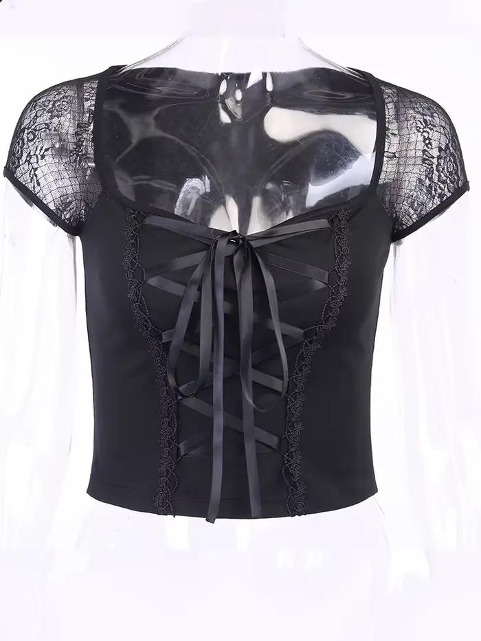 Vintage hauts Goth T-shirt femmes moulante pansement dentelle noir T-shirts gothique Streetwear Sexy
