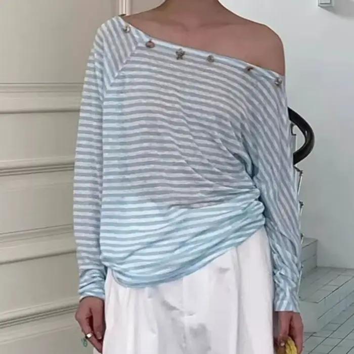Chemisier sexy à rayures bleues pour femmes, chemisier à manches longues, couvre-vêtement d'été