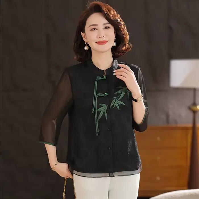 Chemise de style chinois pour femmes, crème blanche, avec broderie de bambou vert, bouton de grenoui