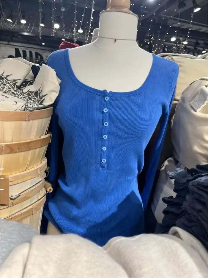 Électrique bleu Patchwork à manches longues t-shirt femmes automne Simple boutons de base col rond c