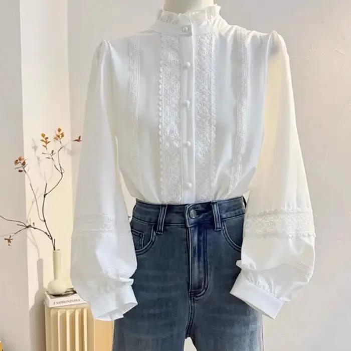 Chemisier à manches longues pour femmes, col montant, volants, blanc, mode Y, manches lanterne, chem