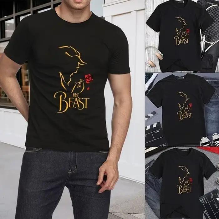 T-shirt col rond pour couple, estival et décontracté, à la mode, avec imprimé de la Belle et la Bête