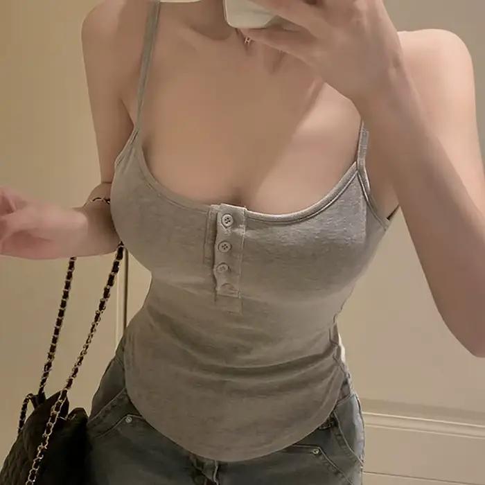 Camisole d'été solide avec bouton pour femme, haut précieux en fibres fines, 1 pièce