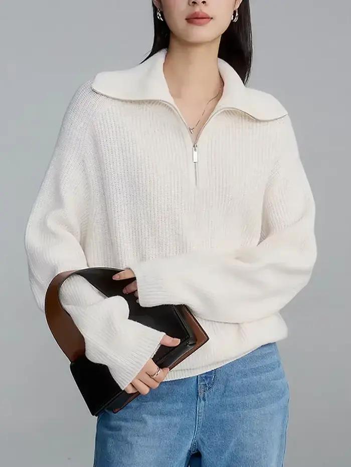 Pulls pour femmes à fermeture éclair, manches longues, couleur unie, décontractés, à col à revers, t