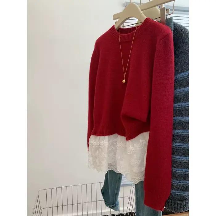 Pull tricoté à col rond pour femme, haut à manches longues avec bordure en dentelle blanche, mignon 