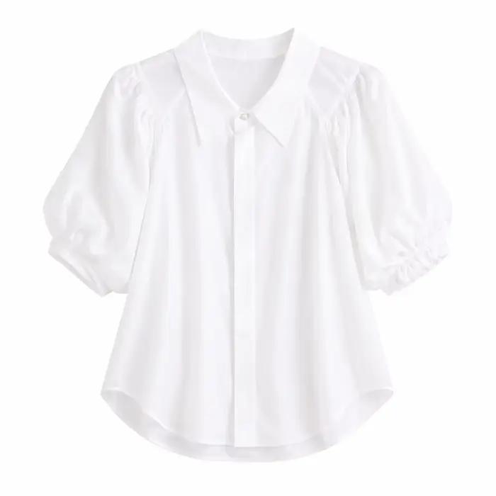 EOENKKY Chemisier blanc transparent à manches bouffantes pour femme, col boutonné, style français él