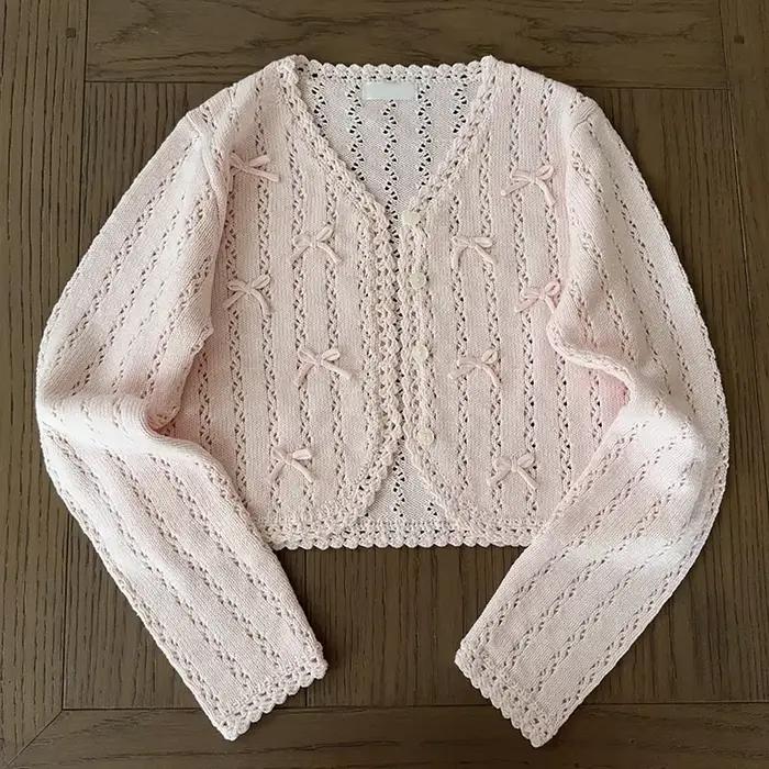 Cardigans tricotés doux pour femmes, nœuds au Crochet à la main, décoration en forme de cœur, pulls 