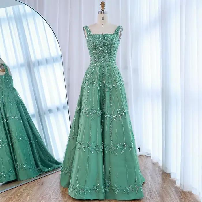 Robe de soirée trapèze élégante, vert sauge, perlée, col carré, pour femmes, robe de soirée, Serene 