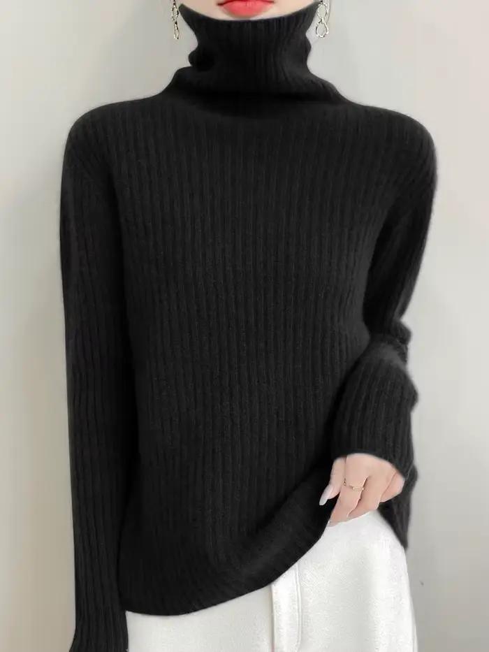 Nouveau cachemire laine col roulé pull femmes automne hiver haut de couleur unie mode tricot femme d