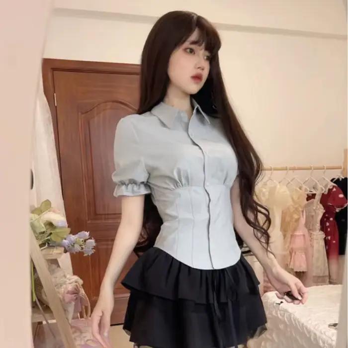Chemises à Manches Courtes pour Femme, Slim, Plissé, Doux, Mignon, Preppy, Style Japonais, Y2k, Vête