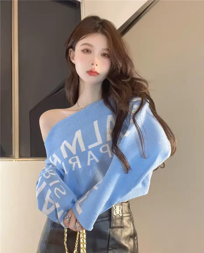 Pulls bleus à lettres style grunge pour femme, nouveau design, modèle unique, pull court à épaule dé
