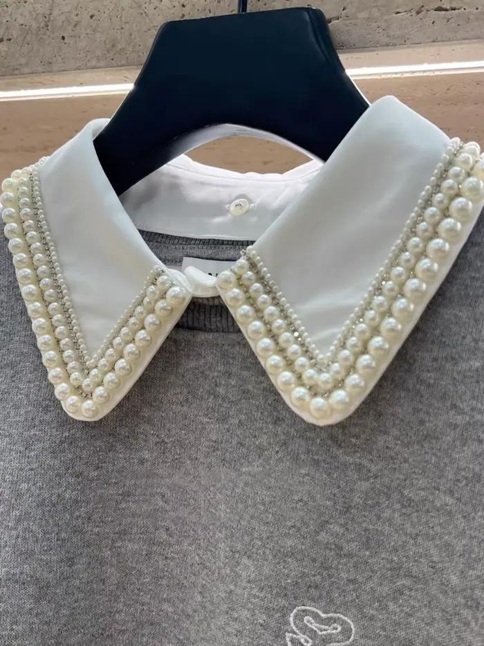 Sweat-shirt à capuche avec perles lourdes pour femme, faux deux pièces, automne-hiver 2021, y2k