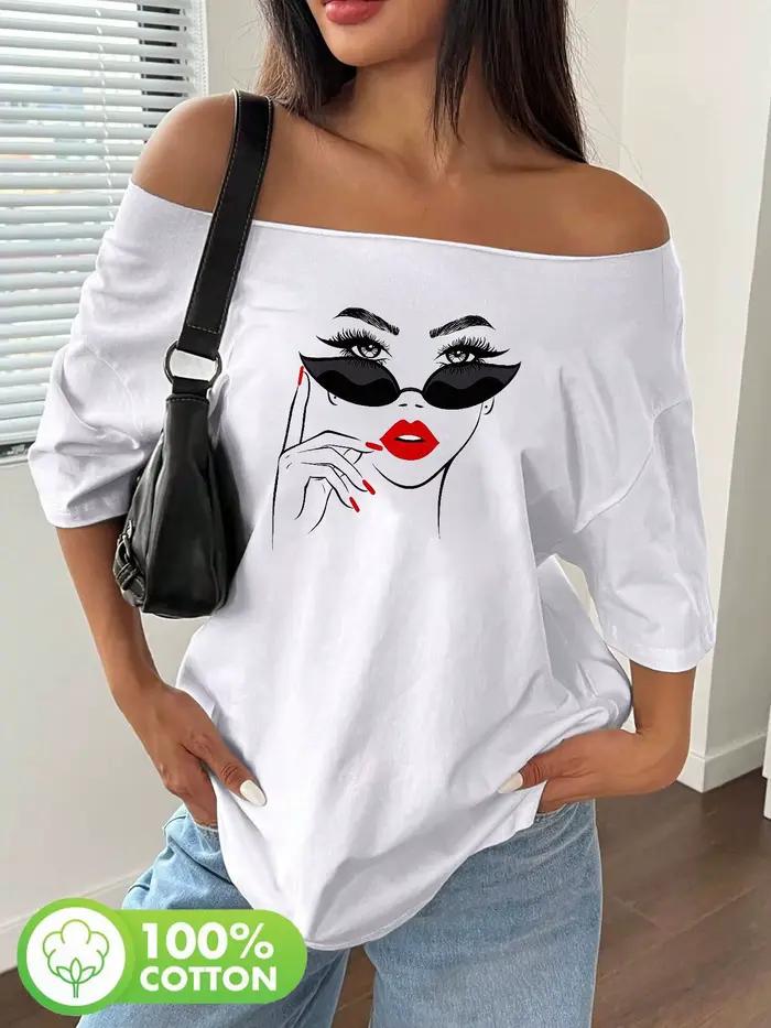 T-shirt graphique grande taille pour femme, style Y2K, coupe ample épaules dénudées, 100% coton, été