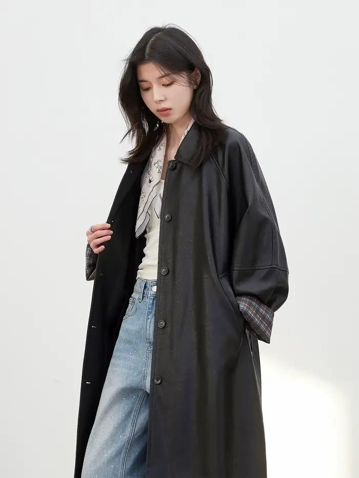 Manteau long en PU pour femme CHIC VEN, nouveau modèle décontracté avec ceinture, en similicuir, cou
