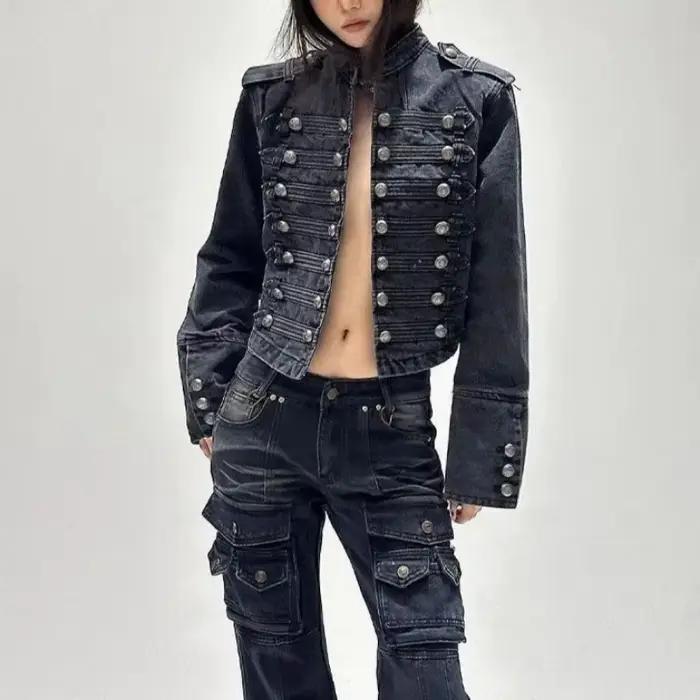 Blouse-veste pour femme, printemps/automne, kaki, denim court, chic, élégante, à manches longues, d'