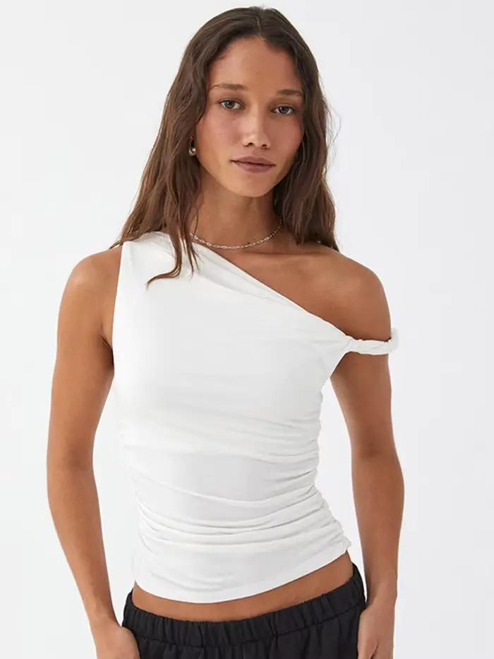 Haut court froncé pour femme, simple, basique, décontracté, précieux, fibre solide, document off ini