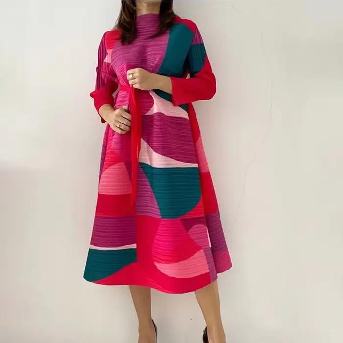 Robe plissée à motif géométrique pour femme, avec ceinture et ceinture, surdimensionnée, longue, dou