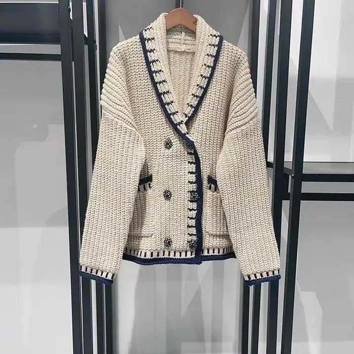 Pull français à Double boutonnage pour femme, tricot rétro, couleur contrastée, col châle, nouvelle 