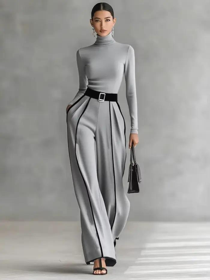 Ensemble 2 pièces élégant pour femme : haut à col roulé à manches longues et pantalon large à taille