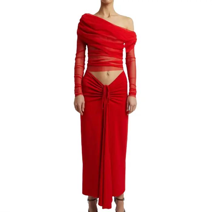Maille pure culture hauts coréen élégant hors de l'épaule T-shirt Chic femmes manches longues coupe 