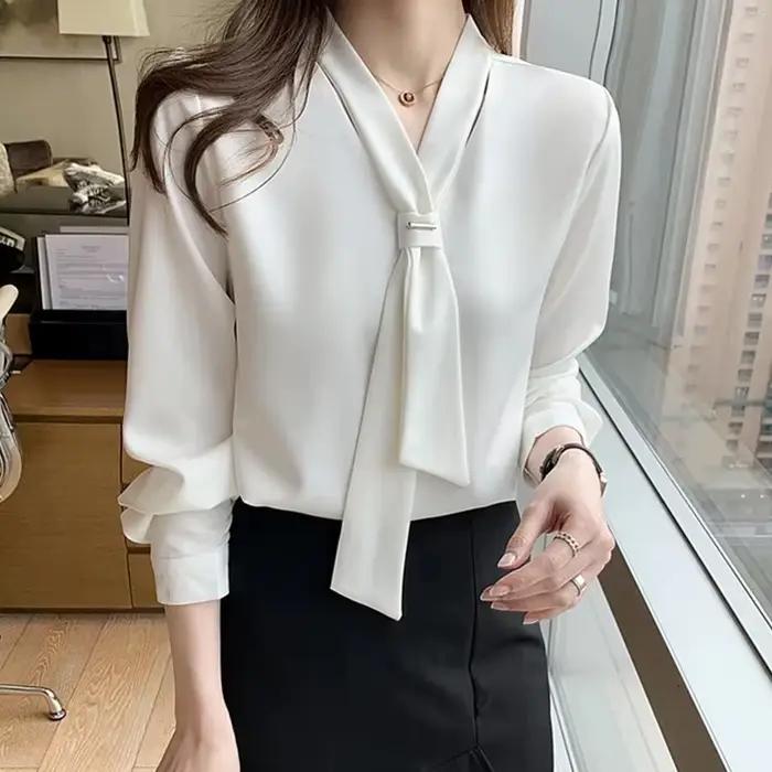 Nouvelle chemise blanche pour femme, col en V, en satin, manches longues, coupe ample, pour le burea