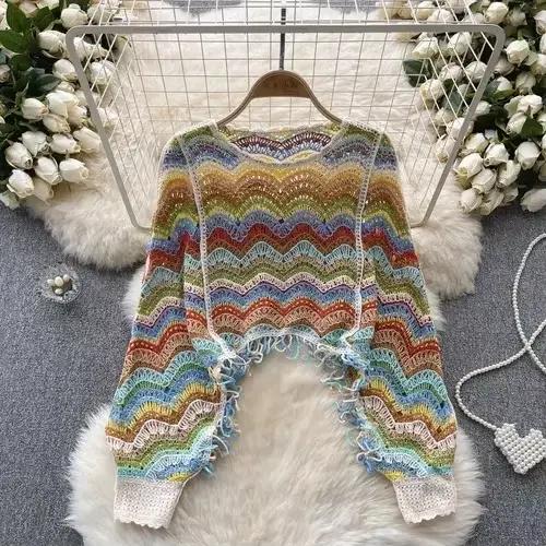 Crochet à manches longues chandails pour femmes crochet fleur creux contraste couleur glands col ron