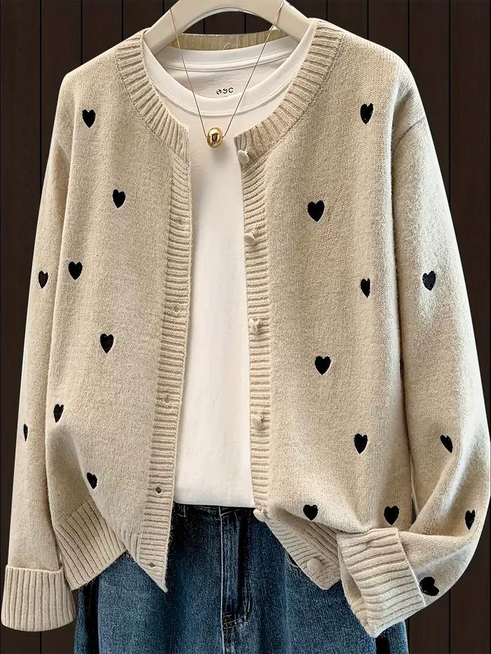 Cardigan pour femme avec broderie en forme de cœur, pull en tricot boutonné sur le devant, manteau d