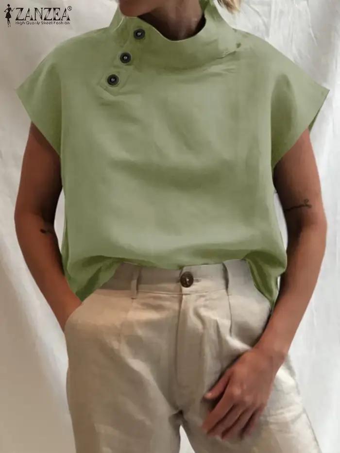 ZANZEA femmes été Vintage couverture en coton 2025 mode col roulé Blouse décontracté couleur unie ch