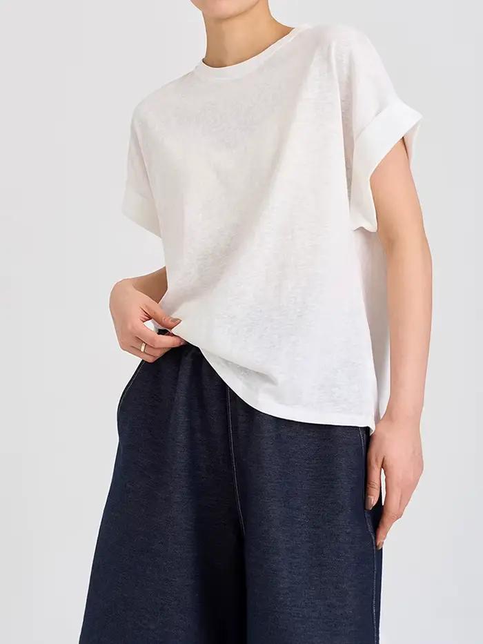 T-shirt femme à manches courtes en coton et lin, col rond, coupe oversize, style dolman, uni, printe