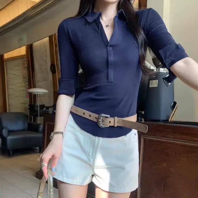 T-shirt à revers bleu marine à manches mi-longues pour femme, nouvelle collection Printemps-Été 2026