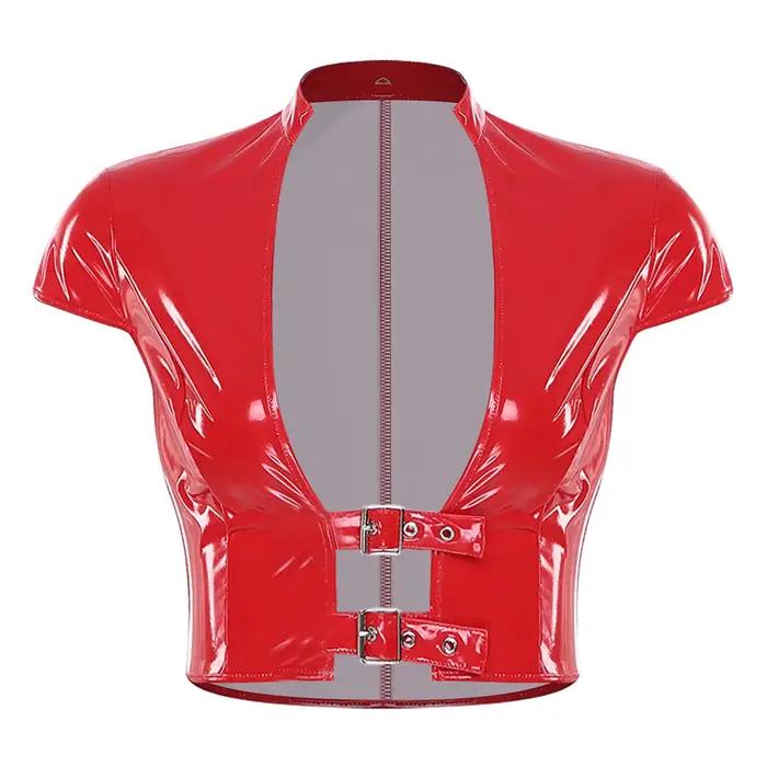 Haut court en cuir PU pour femmes, aspect mouillé, Latex, ouvert sur le devant, avec boucles réglabl