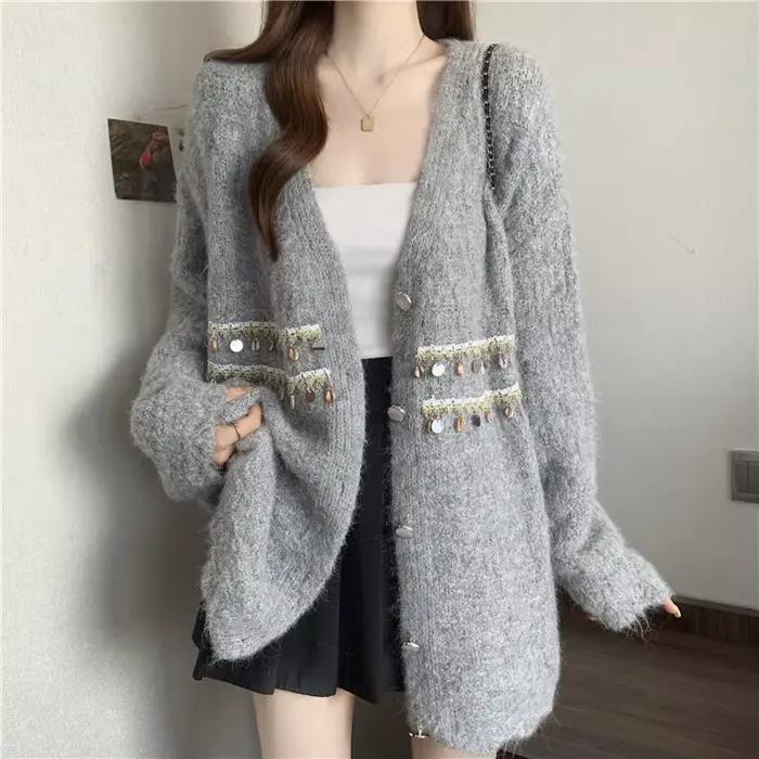 Veste pull à paillettes à col en v pour femme, Cardigan tricoté, haut souple, automne-hiver 2025