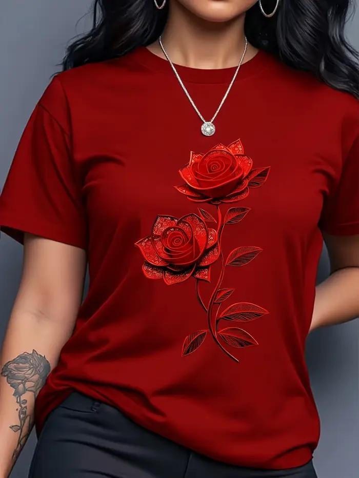 T-shirt à manches courtes pour femmes, motif floral rose rouge, style décontracté et sportif, idéal 