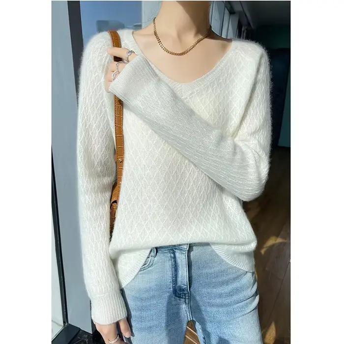 Pull en cachemire à col en v pour femmes, torsadé en diamant, 100% pur cachemire creux au Crochet, m