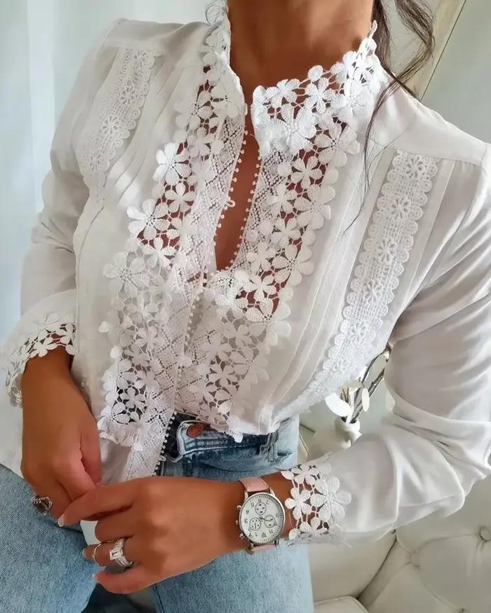 Chemisier à la mode pour femme, motif Floral, Patch en dentelle, ajouré, manches longues, col montan