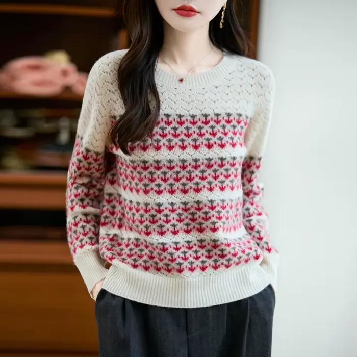 Pull Fair Isle pour femme, tricot vintage, 100% laine mérinos, col rond, ajouré, fin et décontracté,