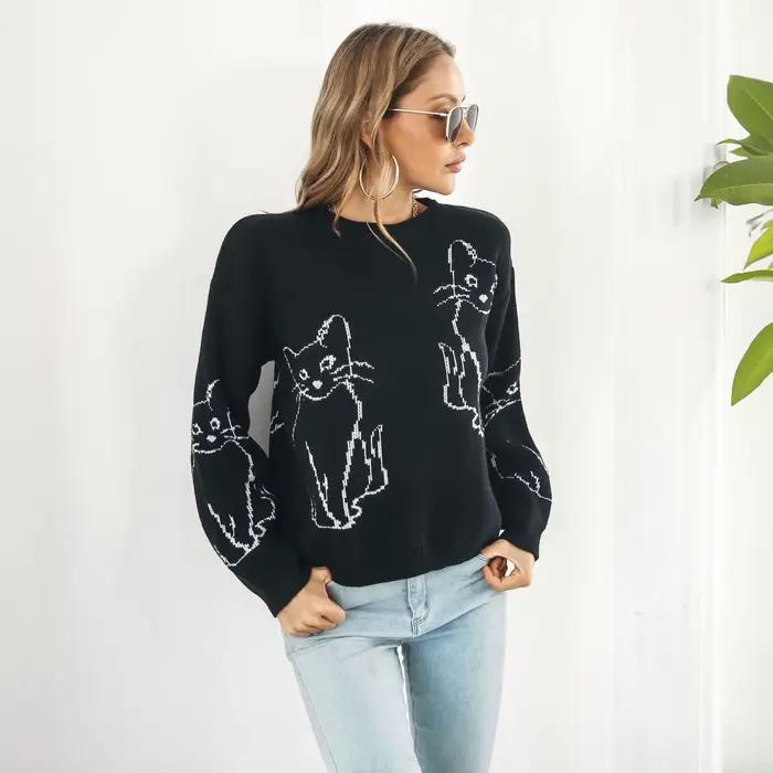 Pull Jacquard chat mignon pour femme, ample, tricoté à manches longues, à la mode, décontracté, nouv