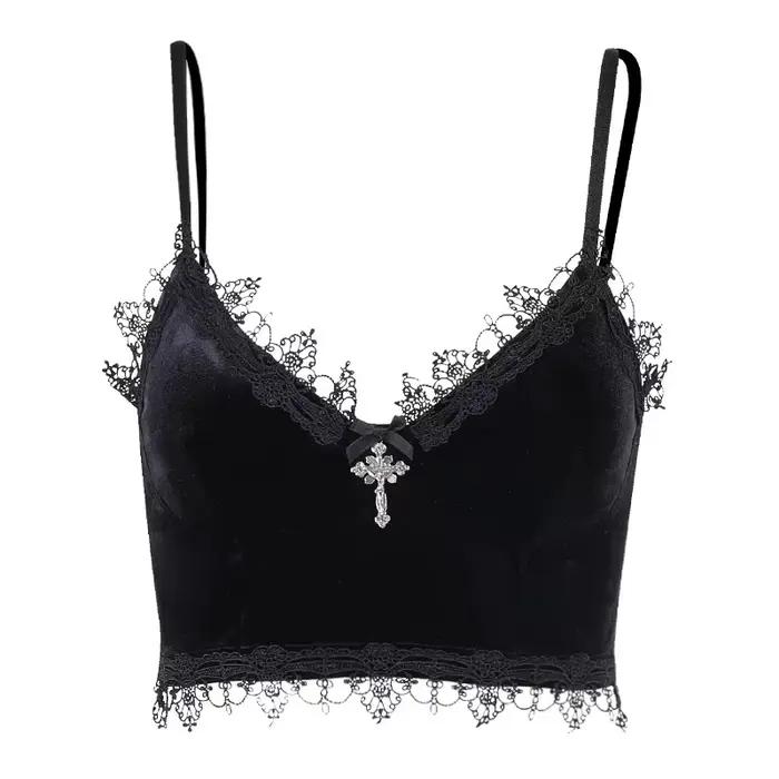Débardeur en Velours Y2K avec Garniture en Dentelle Noire pour Femme, Dos aux, Sexy