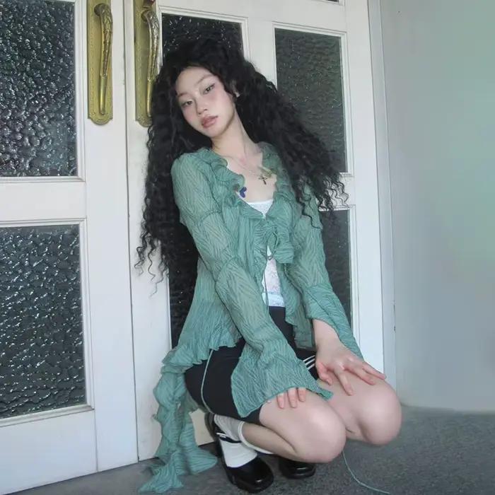 Karr233-Chemise en Dentelle Japonaise Y2k, Blouse Vintage à Volants, Esthétique Grunge, Chemises Ver