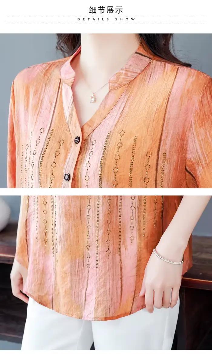 Haut en mousseline de soie imprimé pour femme, T-shirt mince, col en V, orange, grand anciers imprim