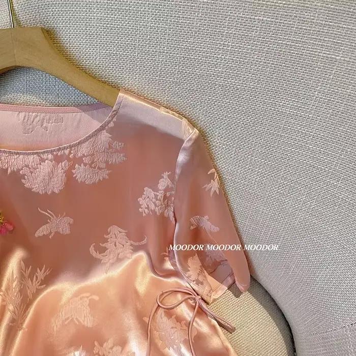 Nouveau Style chinois petit haut Jacquard Satin T-Shirt rose brillant col rond chemisier ample été m