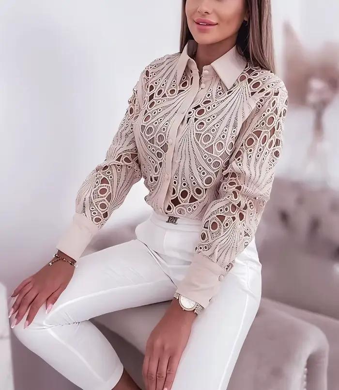 Chemisiers pour femmes chemise à manches longues évidée décontracté solide boutonné avec revers et d