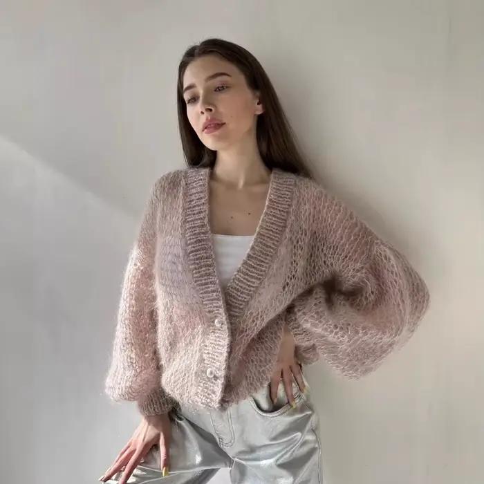 Cardigan en tricot pour femme 2026 – Nouveau cardigan en mohair ajouré à manches longues, décontract