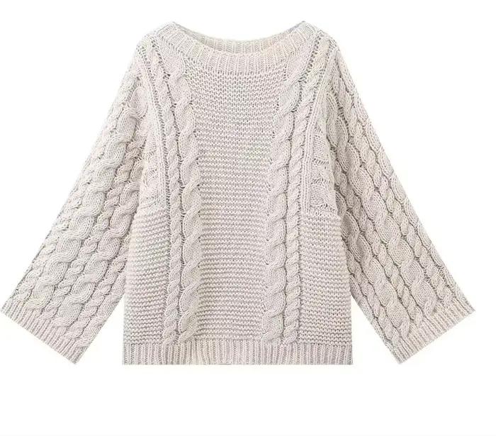 Pull-over décontracté en tricot épais pour femme, col rond, manches longues, couleur unie, collectio