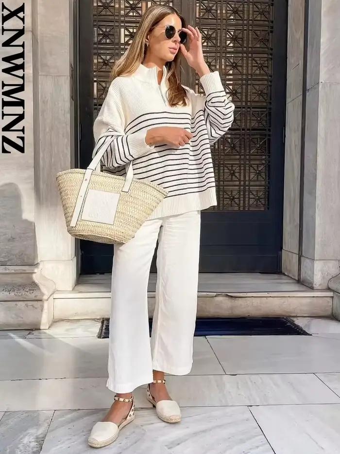 XNWMNZ-Pull rayé à manches longues pour femme avec fermeture éclair, pull femme polyvalent et chic, 